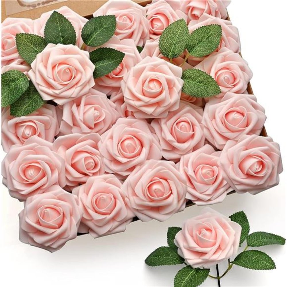 50pcs Artificial Rose Flowers, Pink Roses Blush Real Touch Foam Fake Rose Bulk